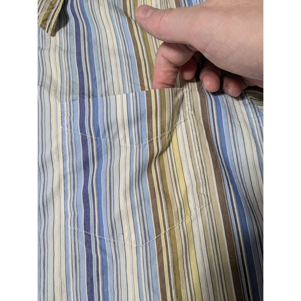 GUESS Covered-Placket Men XL‎ Blue Brown Yellow Striped Cotton Button Shirt